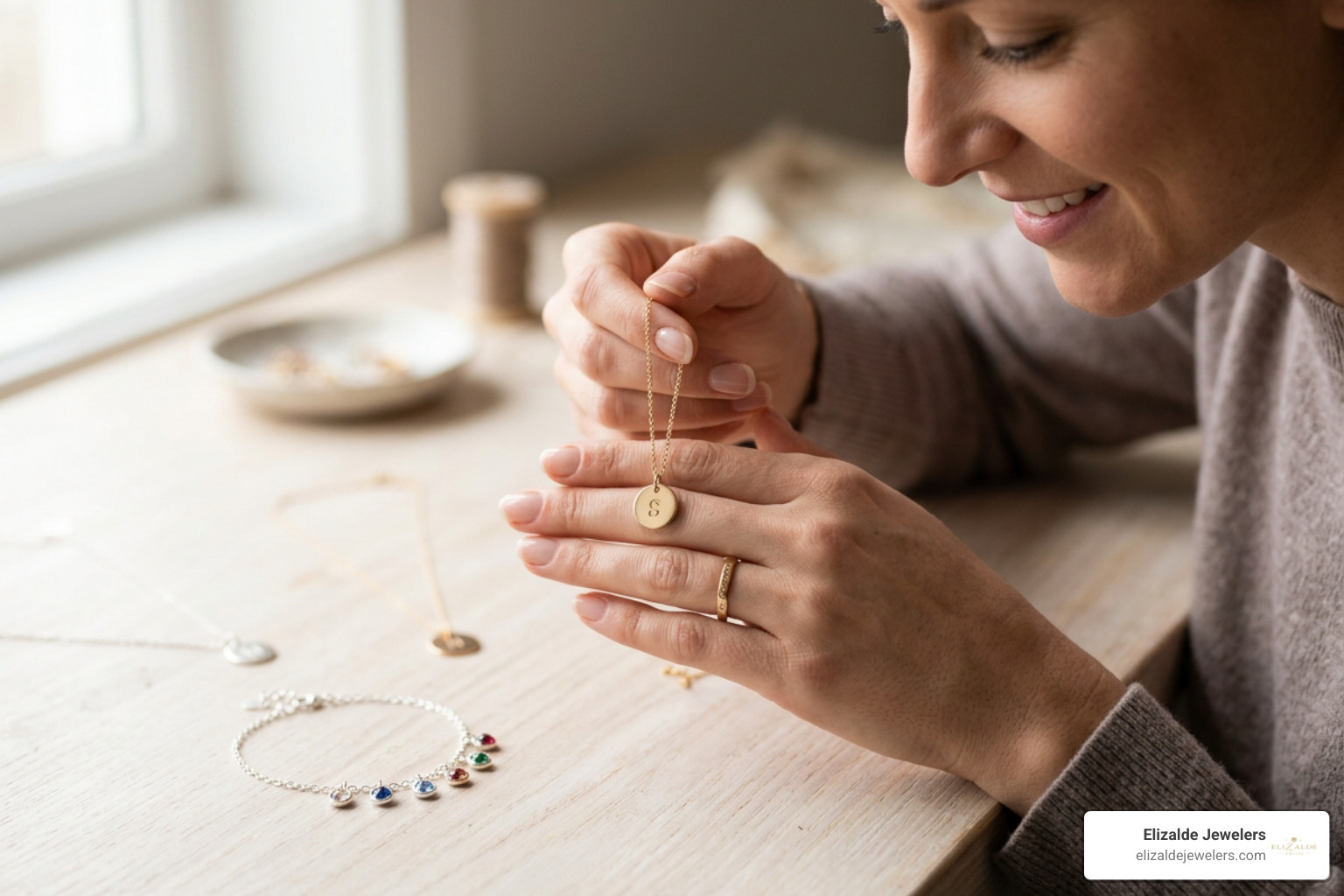 Detailed initial rings and custom nameplate pendants in fine gold