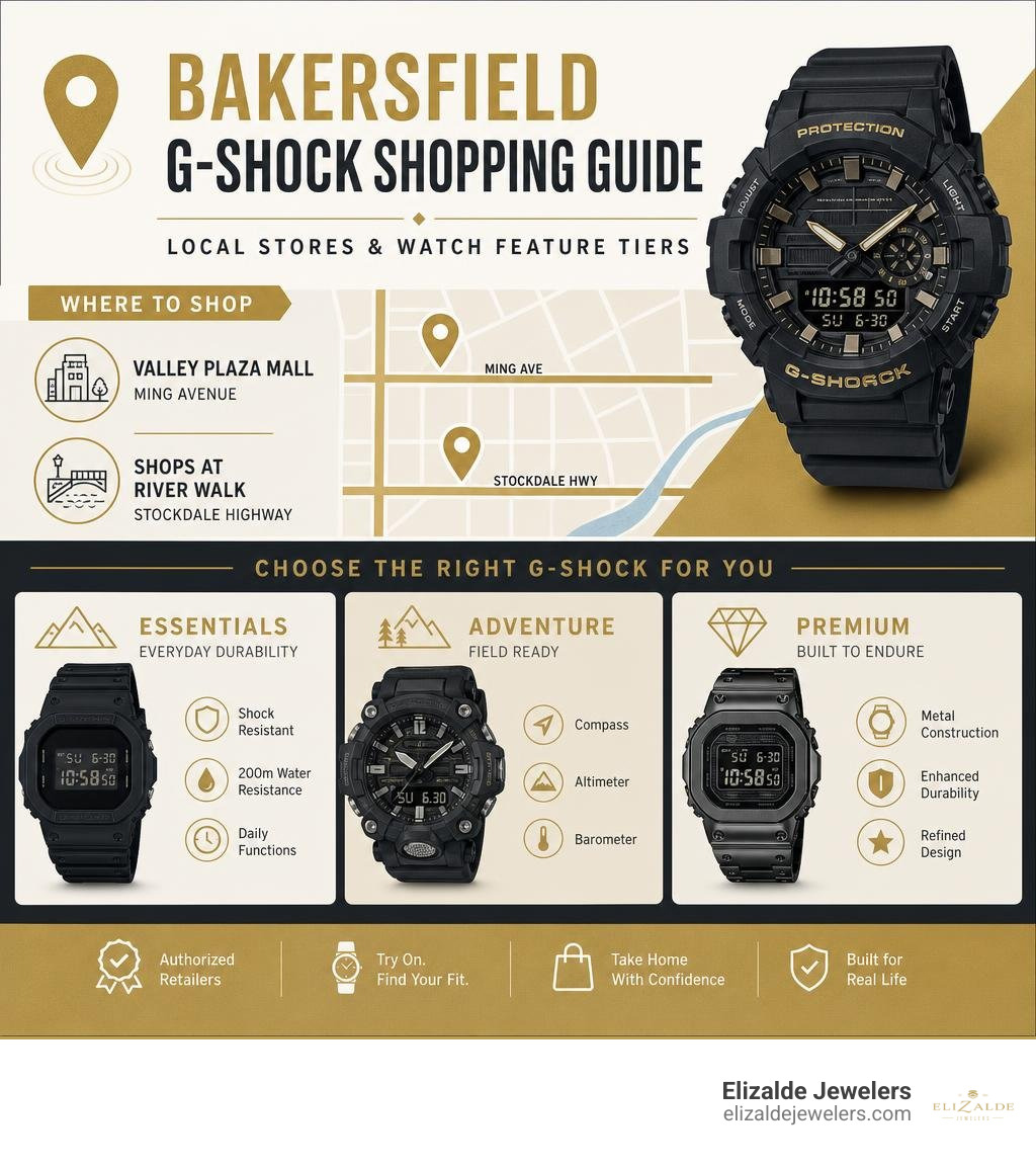 Bakersfield G-Shock shopping guide with local stores and watch feature tiers infographic