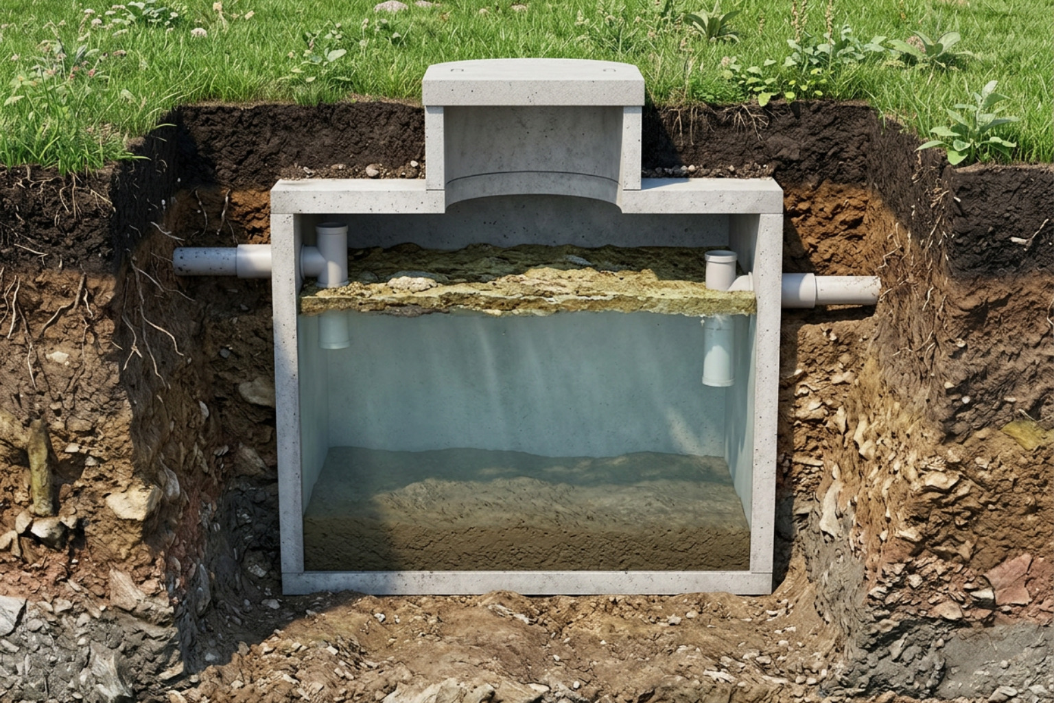 cross section of septic tank showing scum effluent and sludge layers