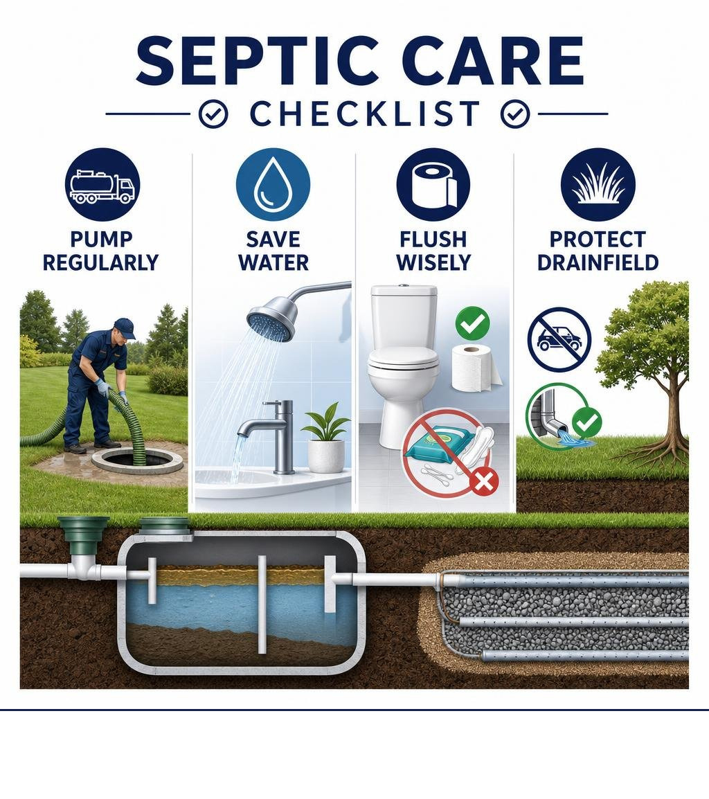 Septic care checklist: pump regularly, save water, flush wisely, protect drainfield infographic