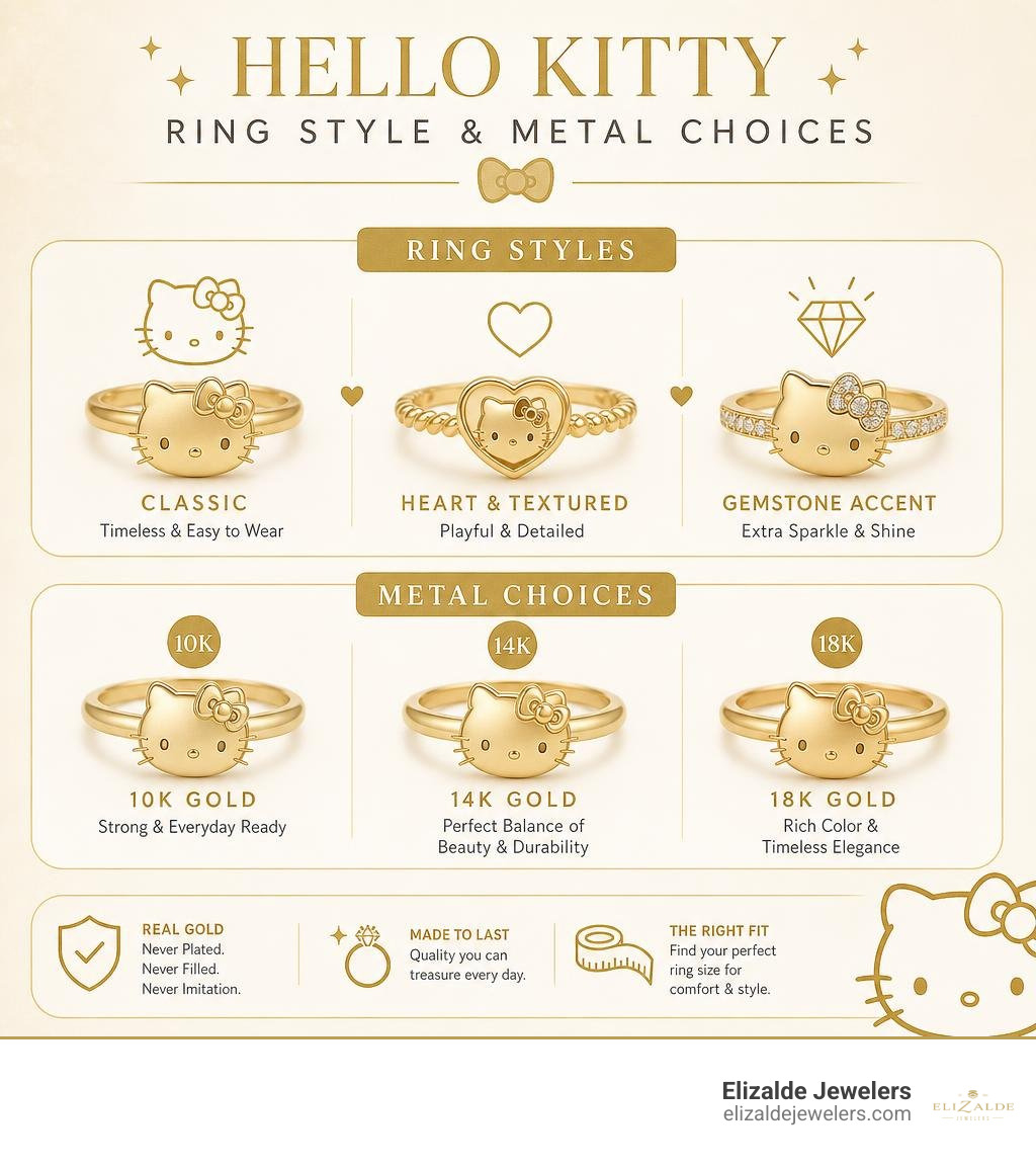 Hello Kitty ring style and metal choices infographic