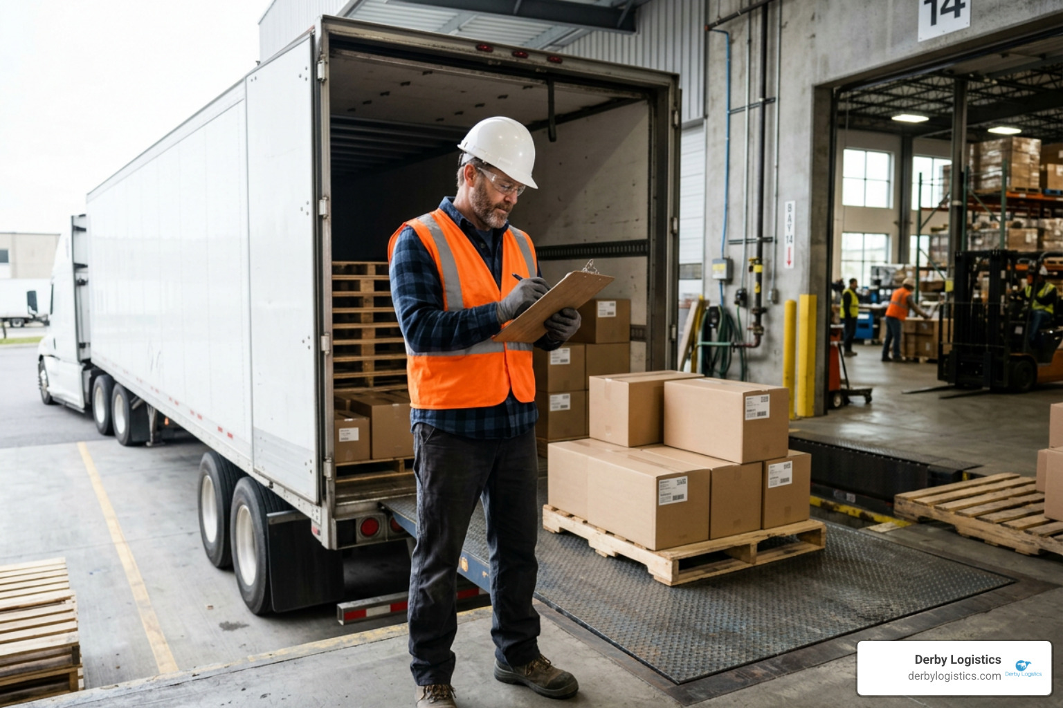 Driver inspecting and documenting freight at loading dock