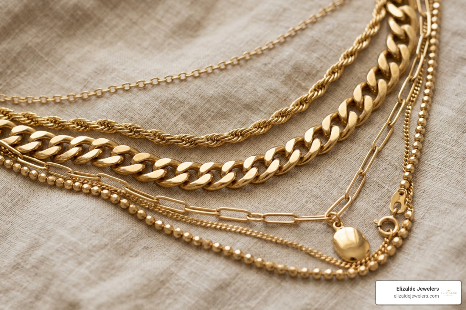 Close up of mixed gold chain textures and link styles layered together