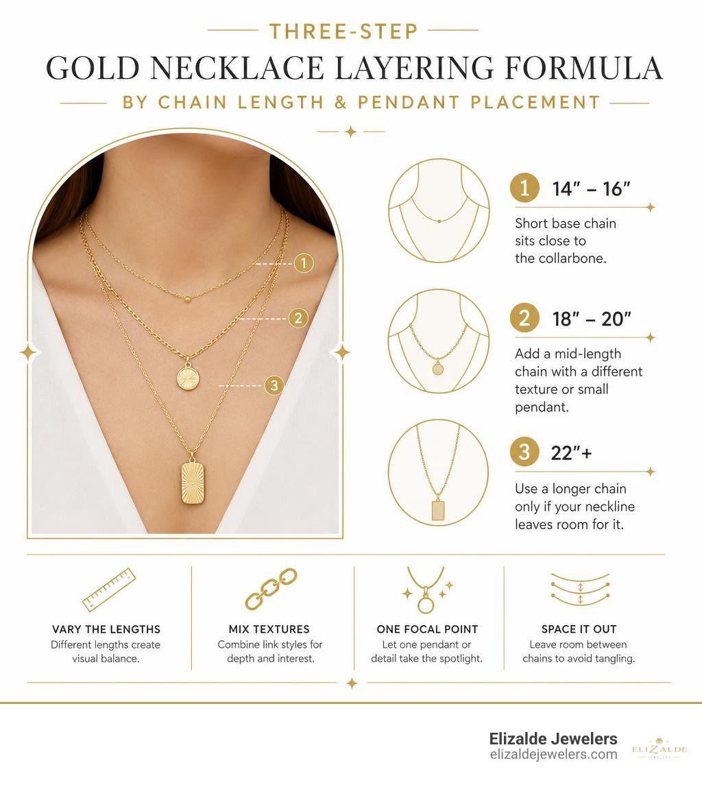 Three-step gold necklace layering formula by chain length and pendant placement infographic