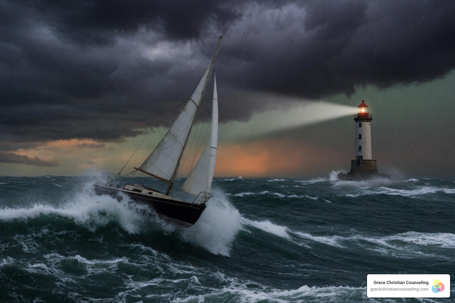 A small boat navigating a stormy sea representing hope in the storm