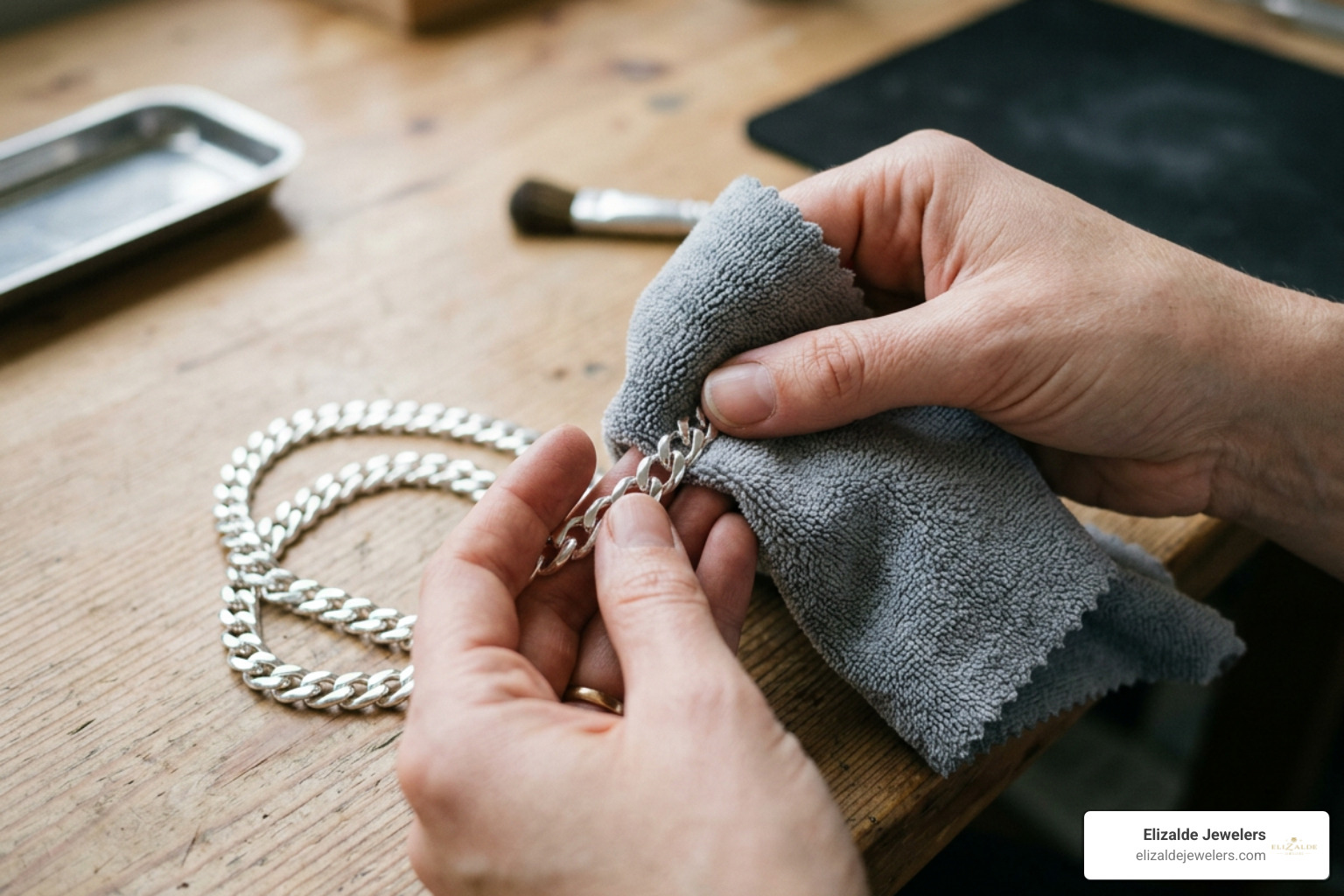 polishing sterling silver chain with specialized cloth polishing sterling silver chain with specialized cloth