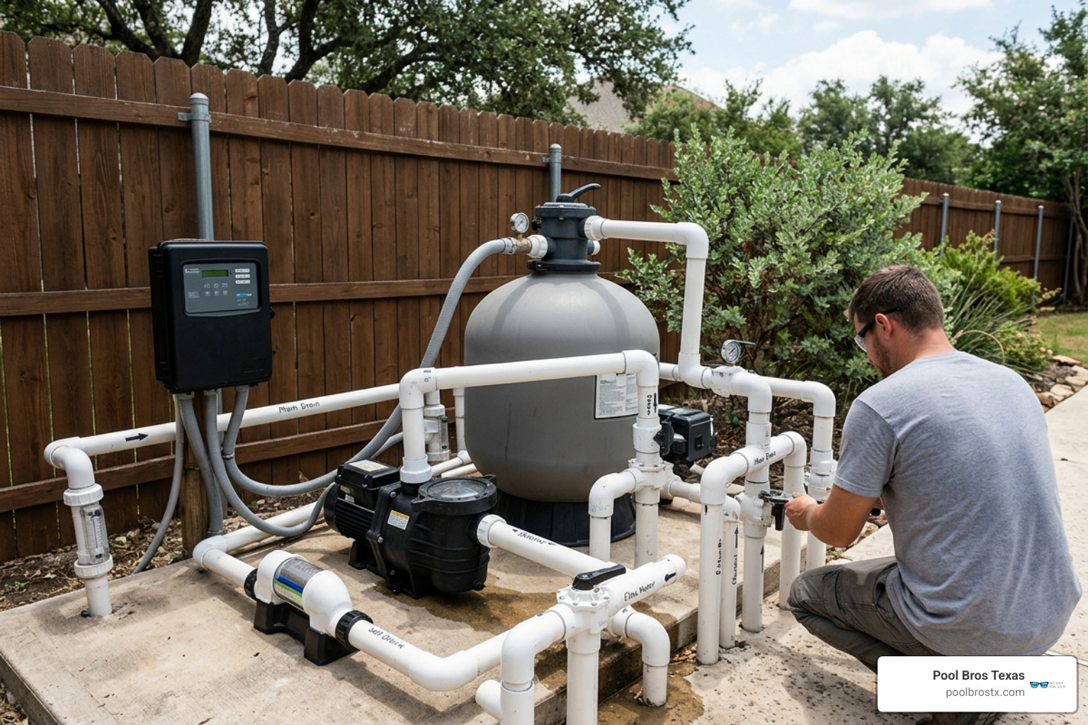 complex pool filtration pump and plumbing equipment pad
