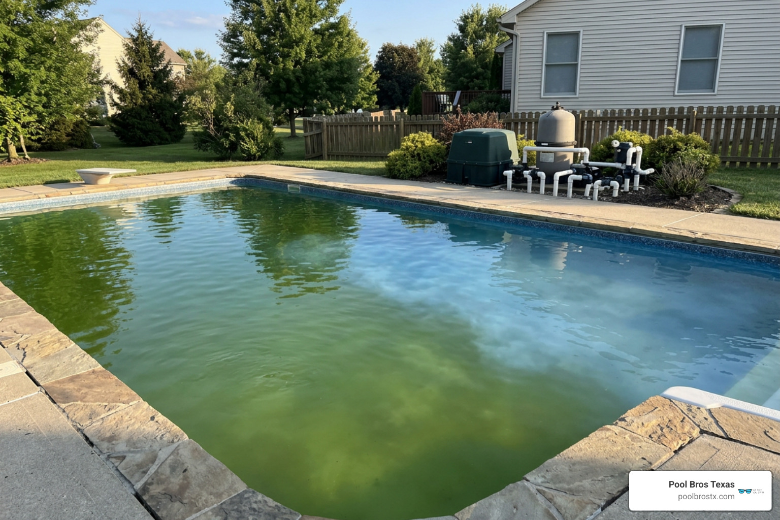 swimming pool transitioning from murky green to cloudy blue during continuous filtration