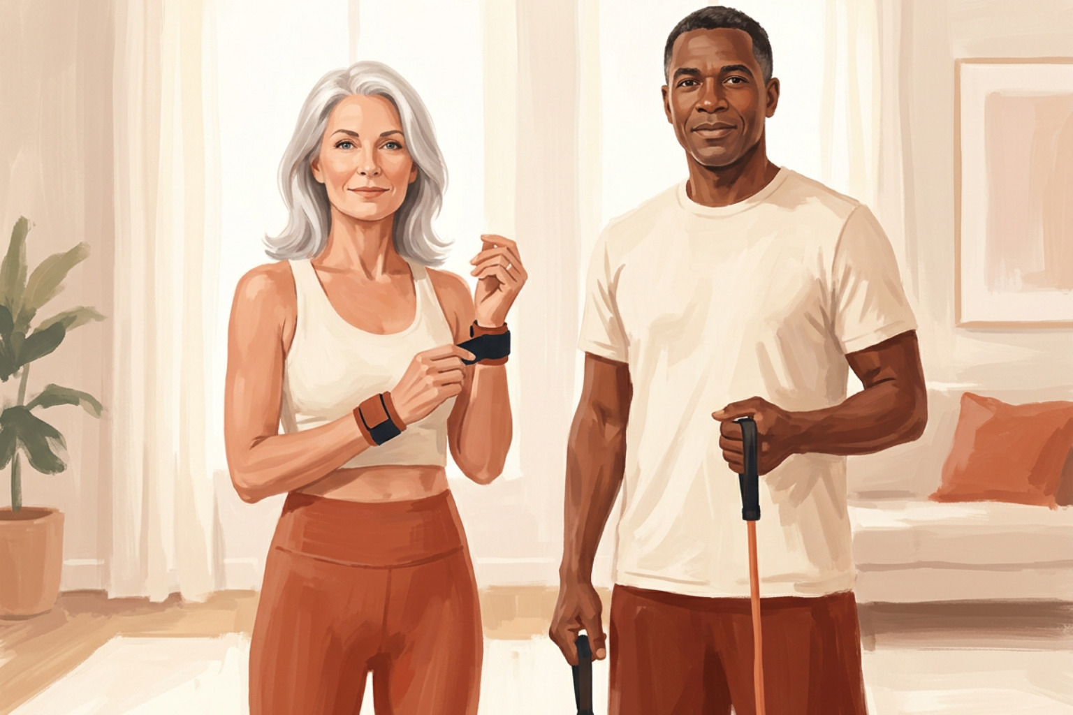 two active adults preparing for a workout two active adults preparing for a workout