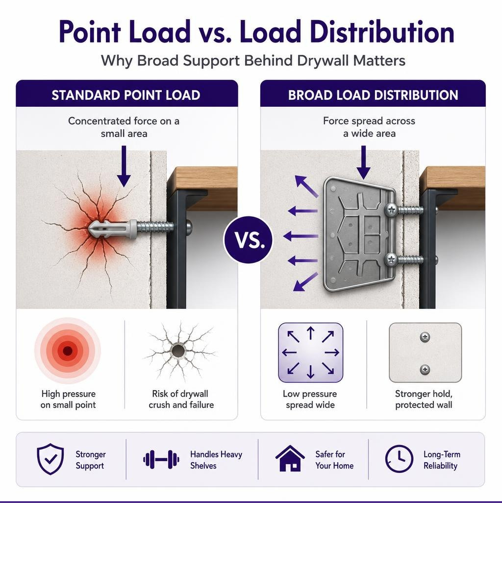 Infographic comparing standard point loads versus broad-plate load distribution on drywall infographic Infographic comparing standard point loads versus broad-plate load distribution on drywall infographic