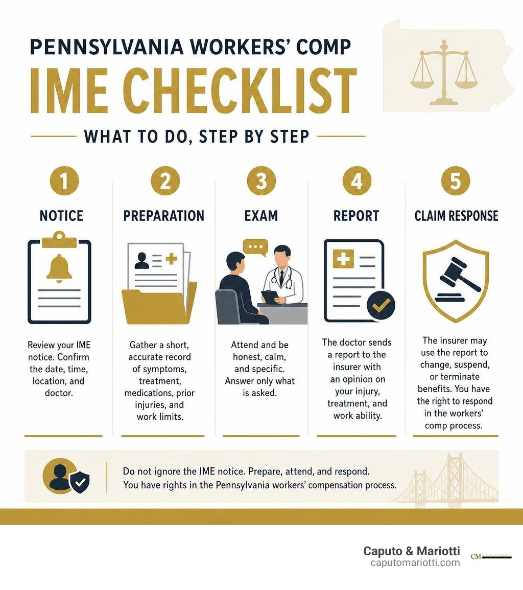 Pennsylvania workers comp IME checklist: notice, preparation, exam, report, claim response infographic Pennsylvania workers comp IME checklist: notice, preparation, exam, report, claim response infographic