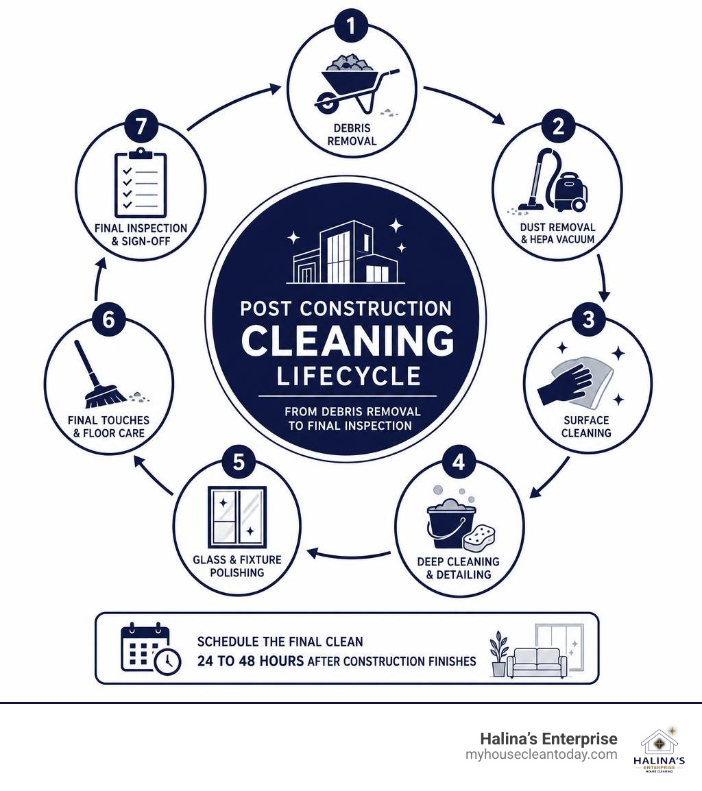 Post construction cleaning lifecycle from debris removal to final inspection infographic Post construction cleaning lifecycle from debris removal to final inspection infographic