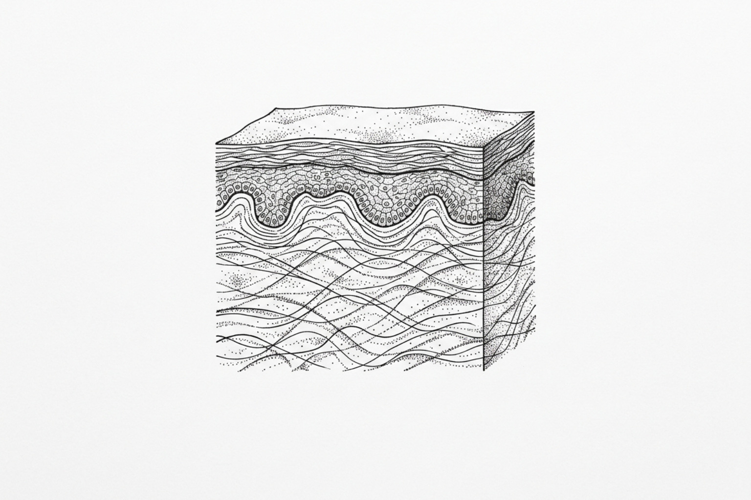 Line illustration of a cross-section of skin showing the epidermis above wavy layers of dermal collagen fibers