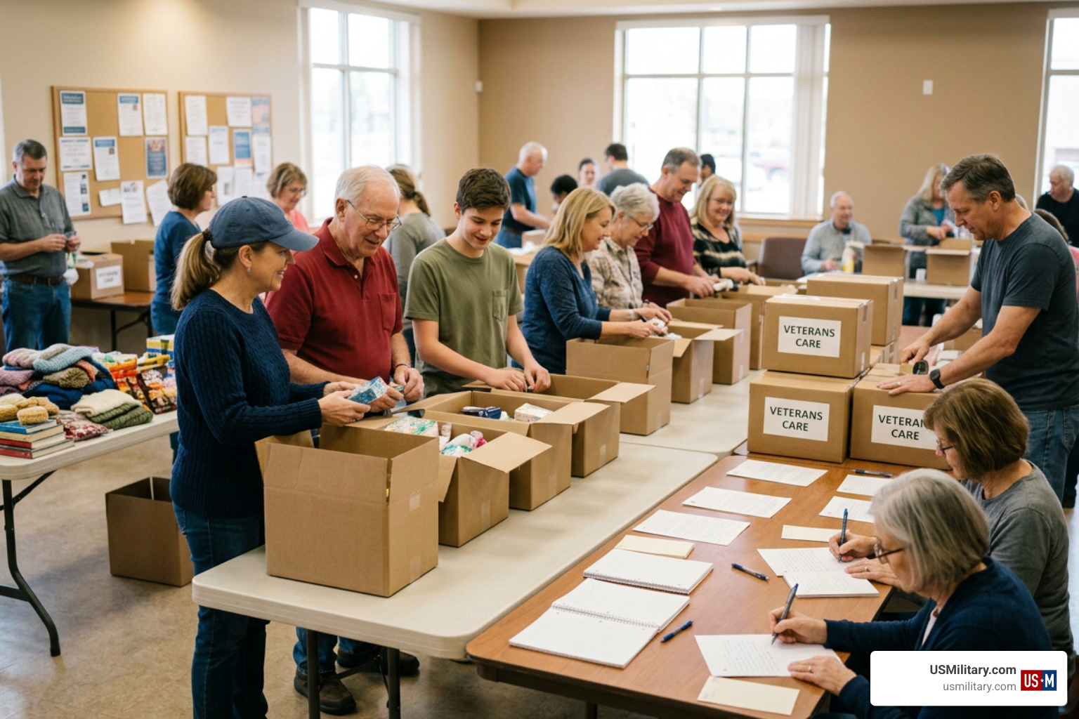 Volunteers packing care boxes and writing support letters for veterans Volunteers packing care boxes and writing support letters for veterans
