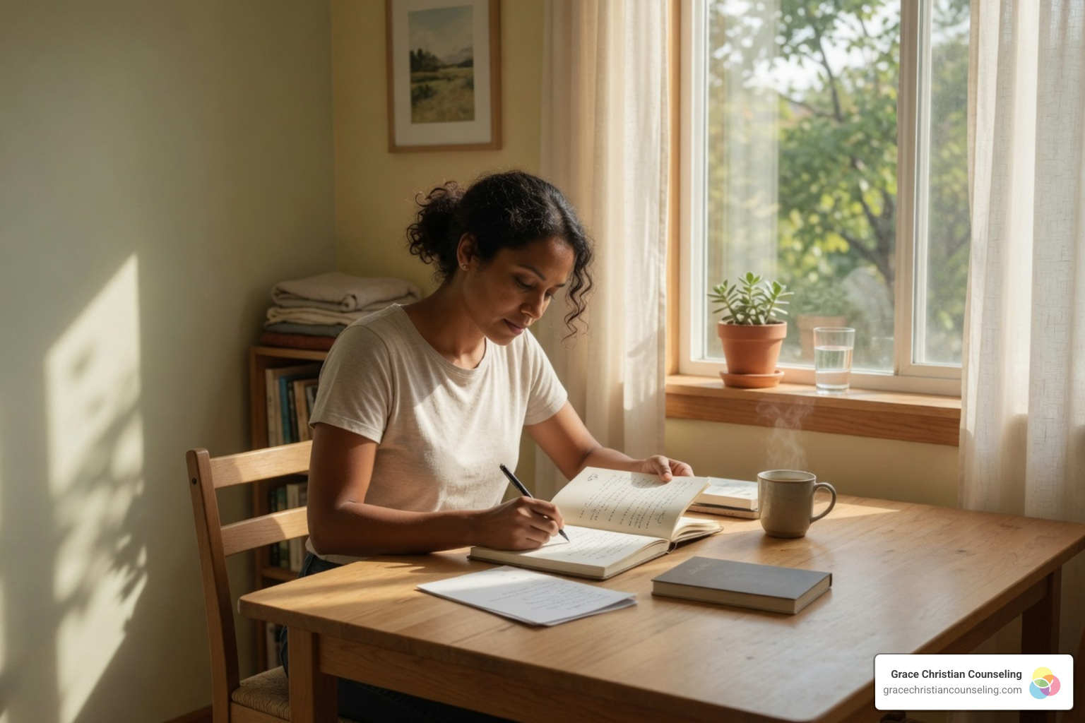 Person journaling family emotional history and patterns