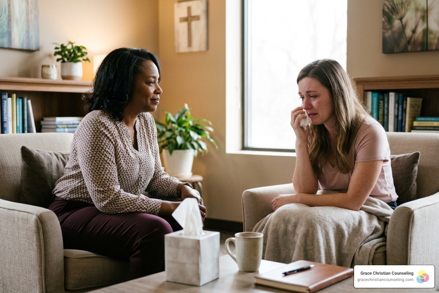 trauma-informed therapist supporting a client through narcissistic abuse recovery in a calm counseling office trauma-informed therapist supporting a client through narcissistic abuse recovery in a calm counseling office