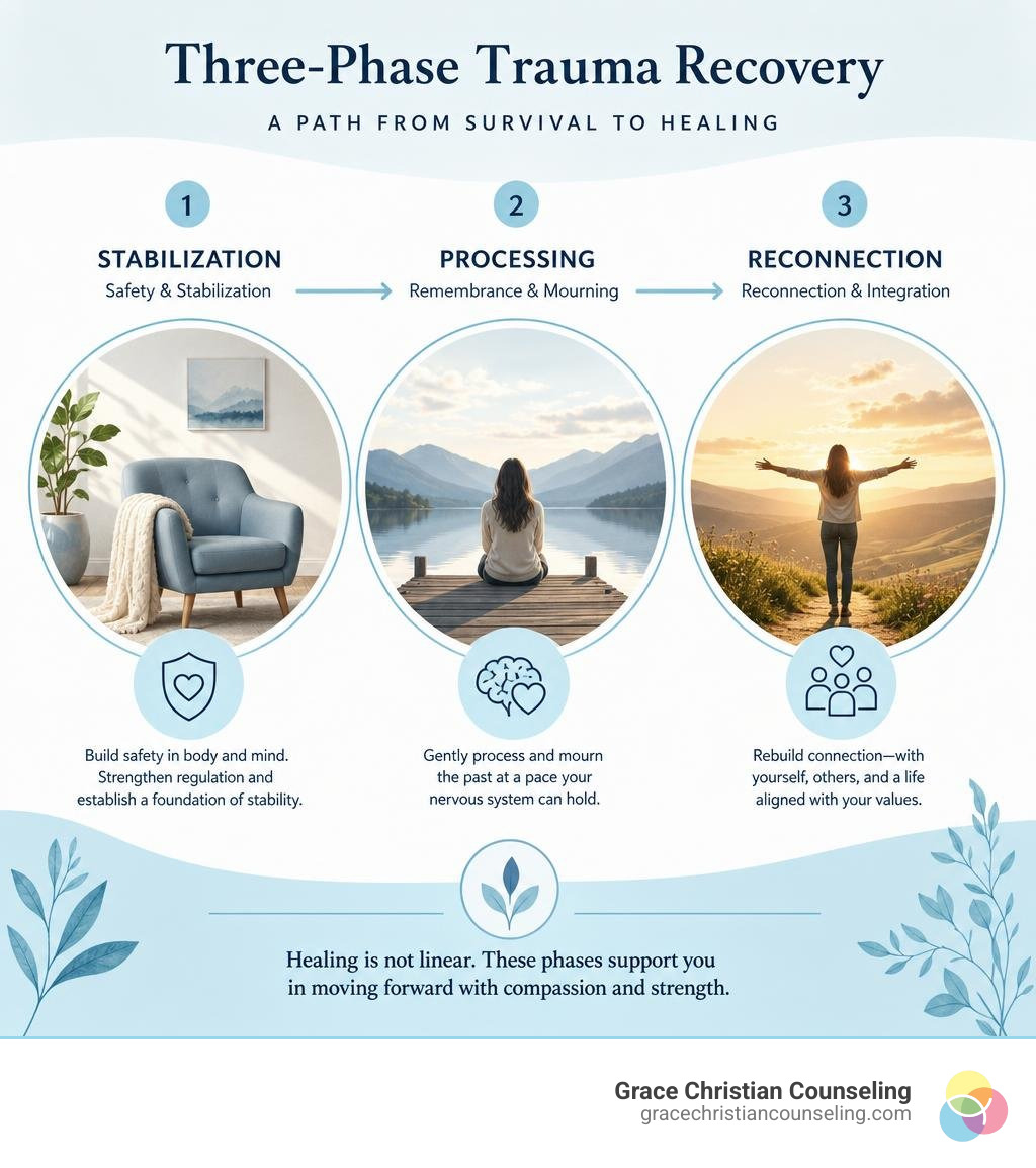 clinically accurate three-phase trauma recovery infographic showing stabilization, processing, and reconnection infographic clinically accurate three-phase trauma recovery infographic showing stabilization, processing, and reconnection infographic