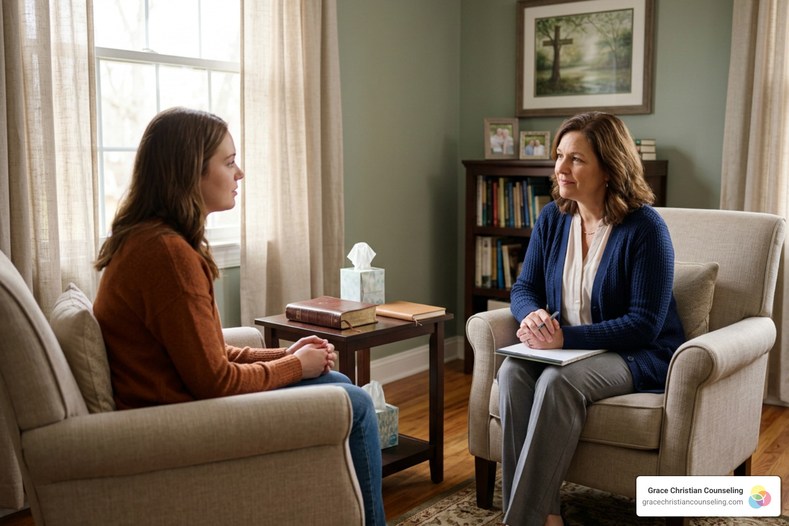 Two people seated in a warm Christian counseling office with a Bible, journal, and tissues for faith-based trauma healing Two people seated in a warm Christian counseling office with a Bible, journal, and tissues for faith-based trauma healing