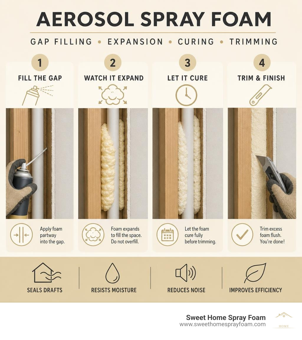 Infographic showing aerosol spray foam gap filling expansion curing and trimming steps infographic