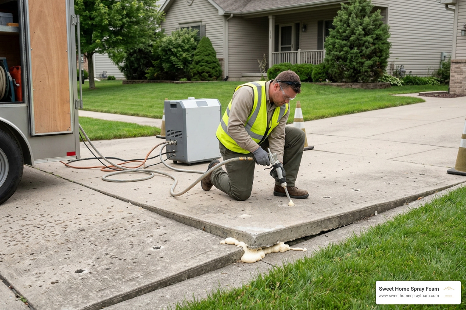 polyurethane foam injection process lifting sunken concrete driveway