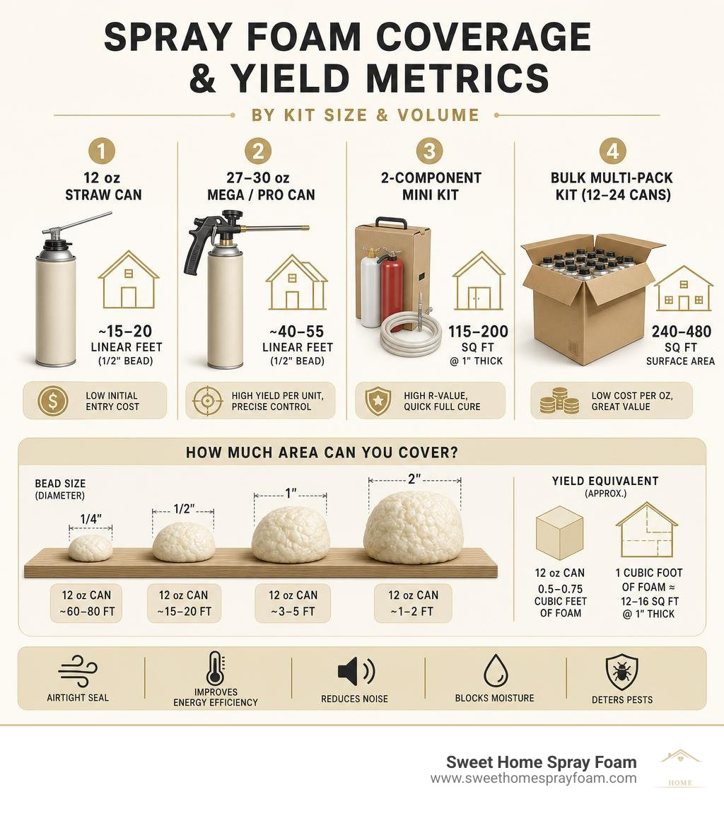 Spray foam coverage and yield metrics by kit size and volume infographic Spray foam coverage and yield metrics by kit size and volume infographic