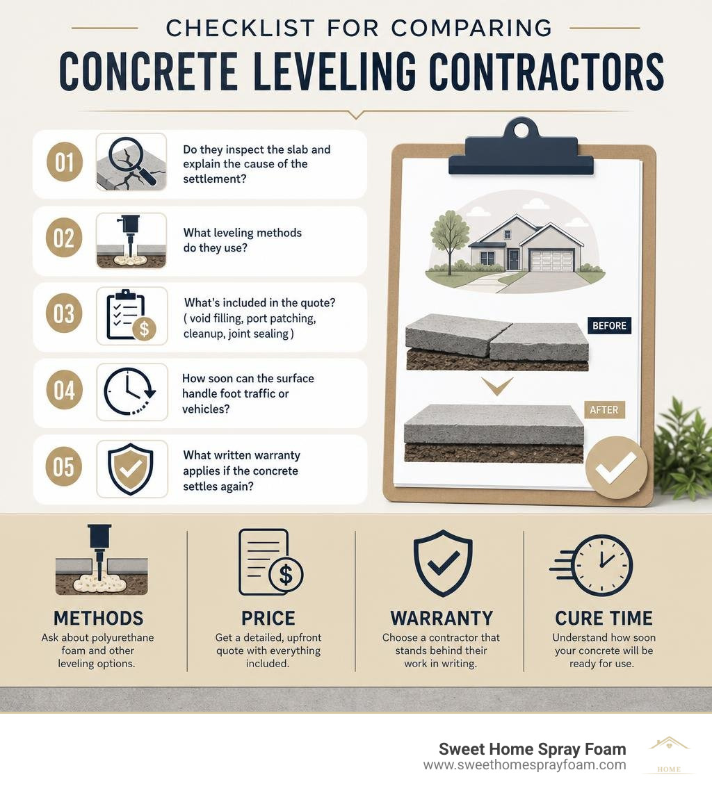 Checklist for comparing concrete leveling contractors, methods, price, warranty, and cure time infographic