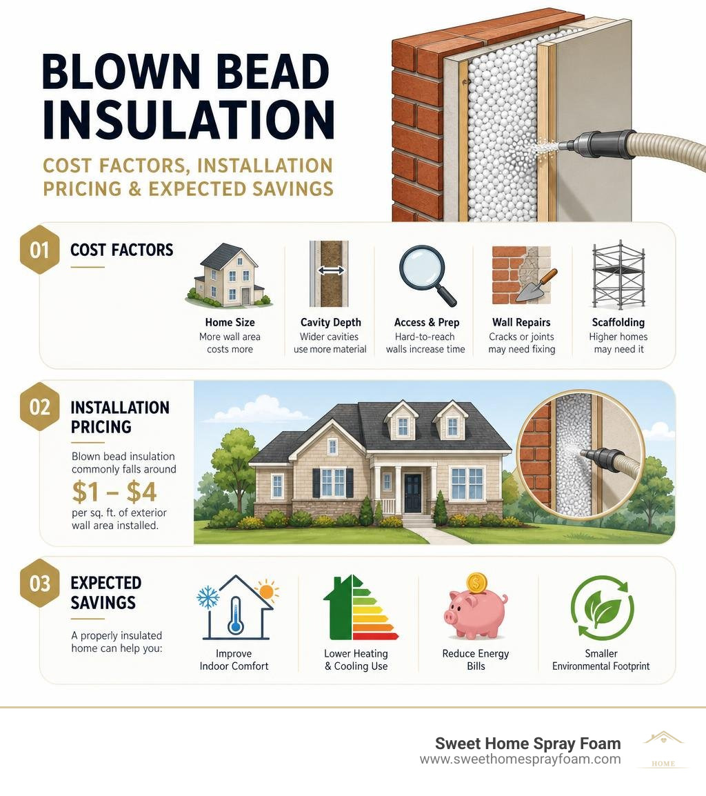Blown bead insulation cost factors, installation pricing, and expected savings infographic