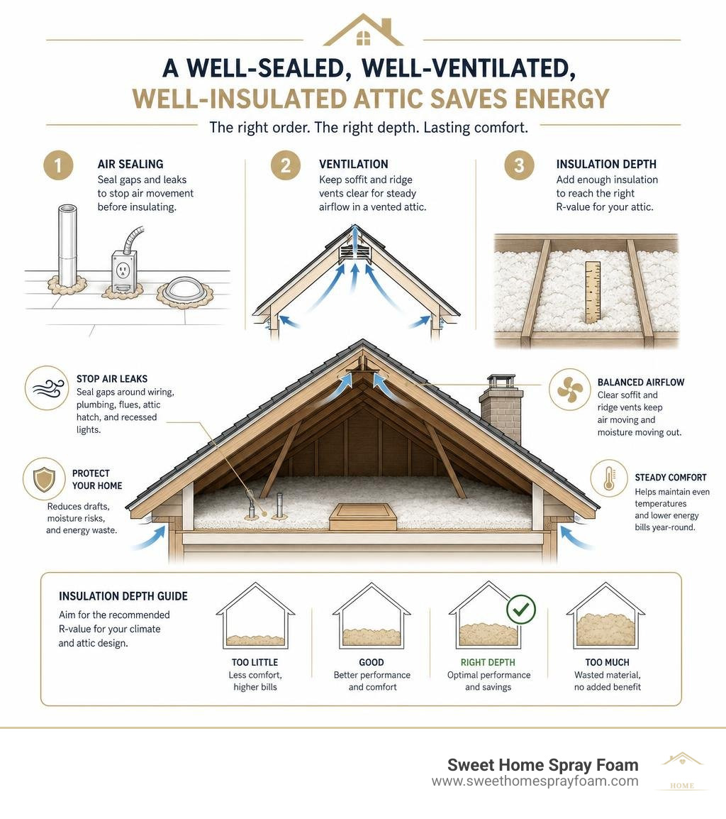 Infographic showing air sealing, ventilation, and insulation depth for attic energy savings infographic