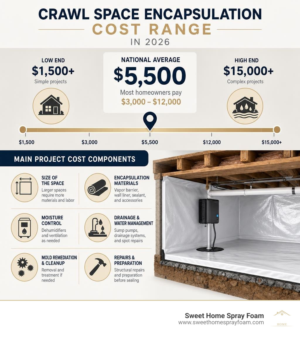 Crawl space encapsulation cost range and main project cost components infographic Crawl space encapsulation cost range and main project cost components infographic