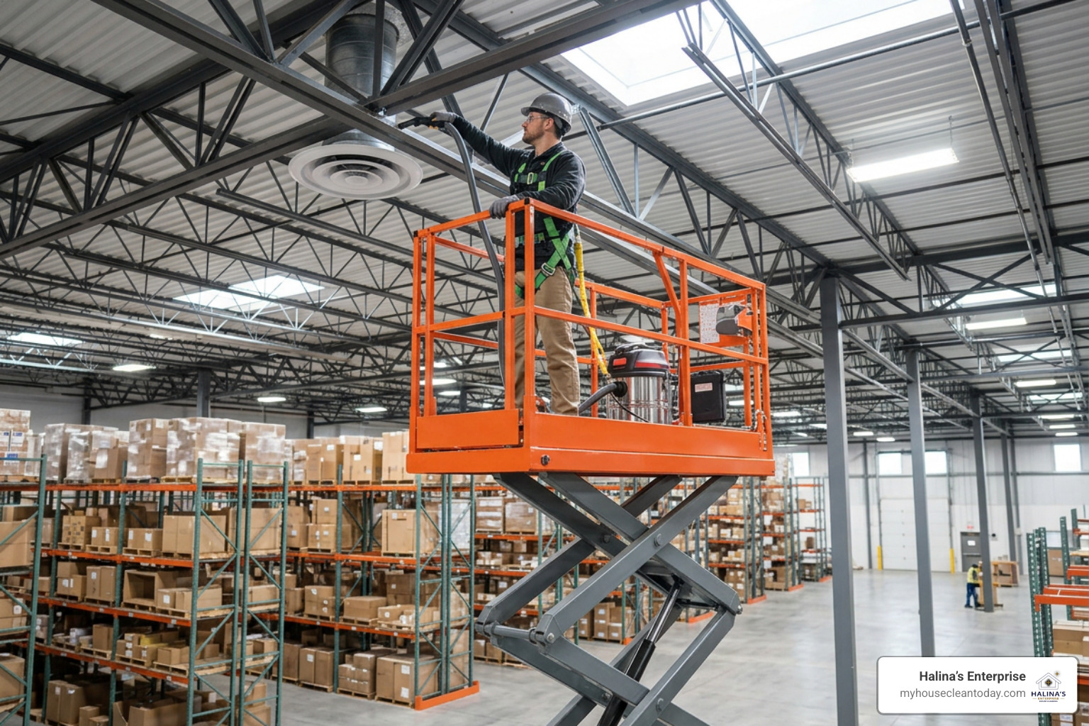 Technician using certified lift equipment for overhead cleaning