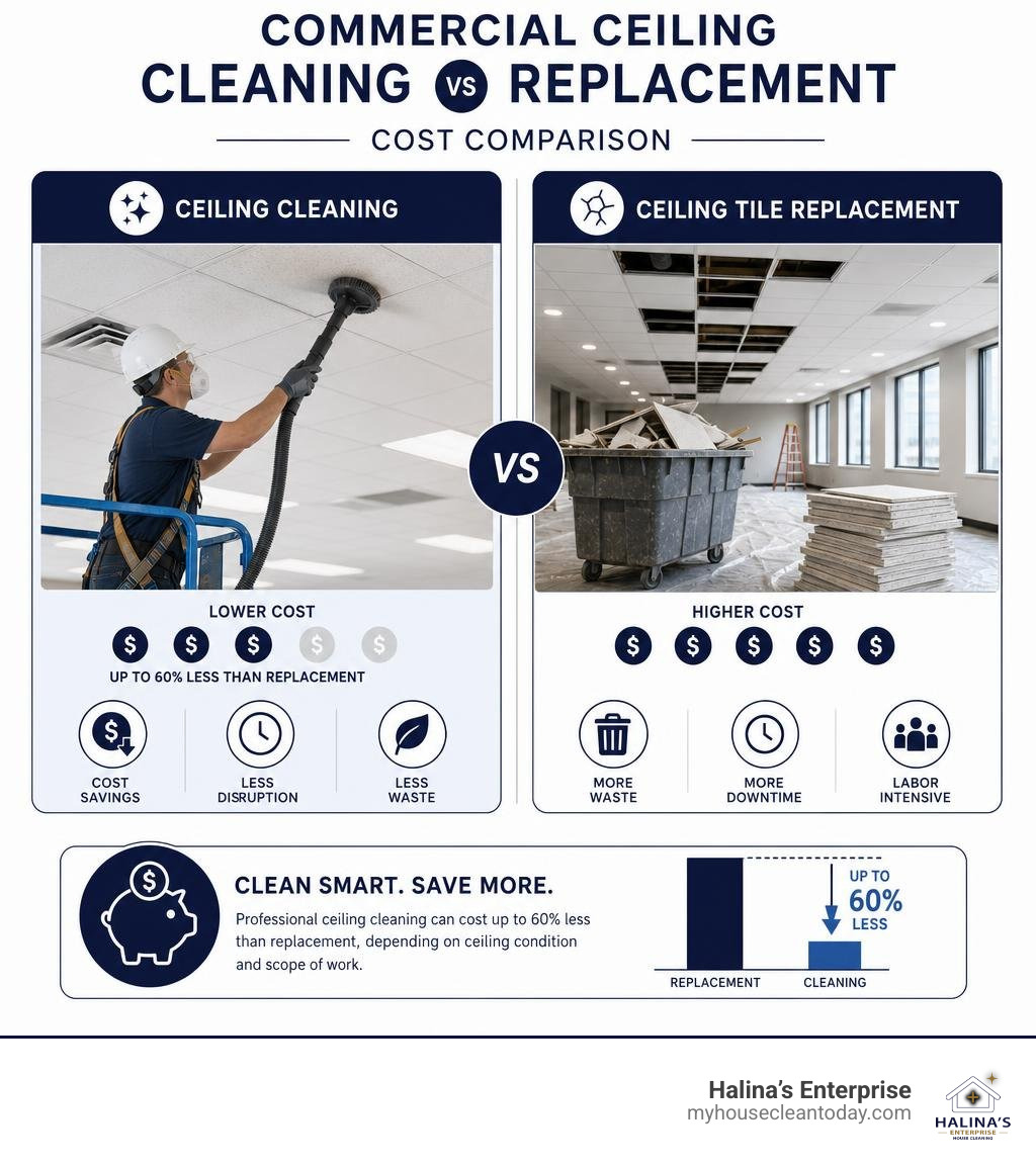 Infographic comparing commercial ceiling cleaning and ceiling tile replacement costs infographic