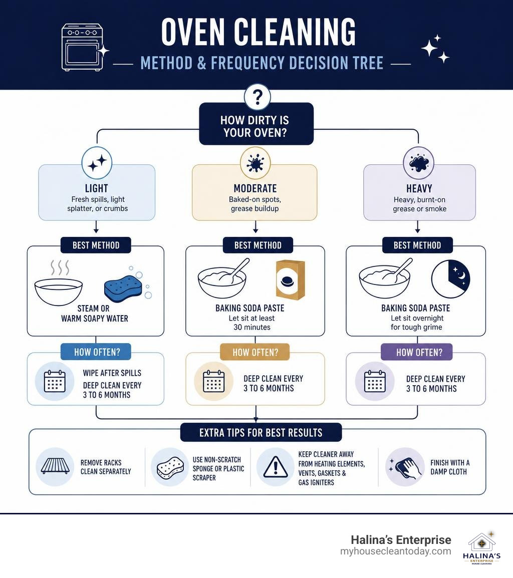 Oven cleaning method and frequency decision tree infographic