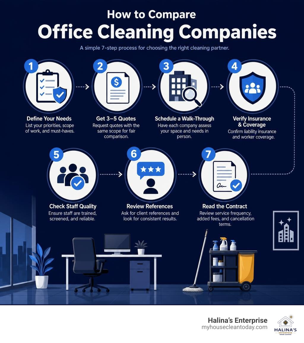 Infographic showing office cleaning company comparison steps infographic