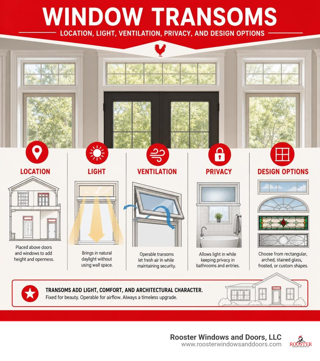 Window transoms: location, light, ventilation, privacy, and design options infographic Window transoms: location, light, ventilation, privacy, and design options infographic