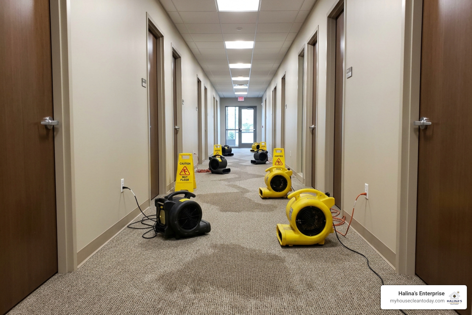 high-velocity air movers drying commercial carpeting in an office corridor