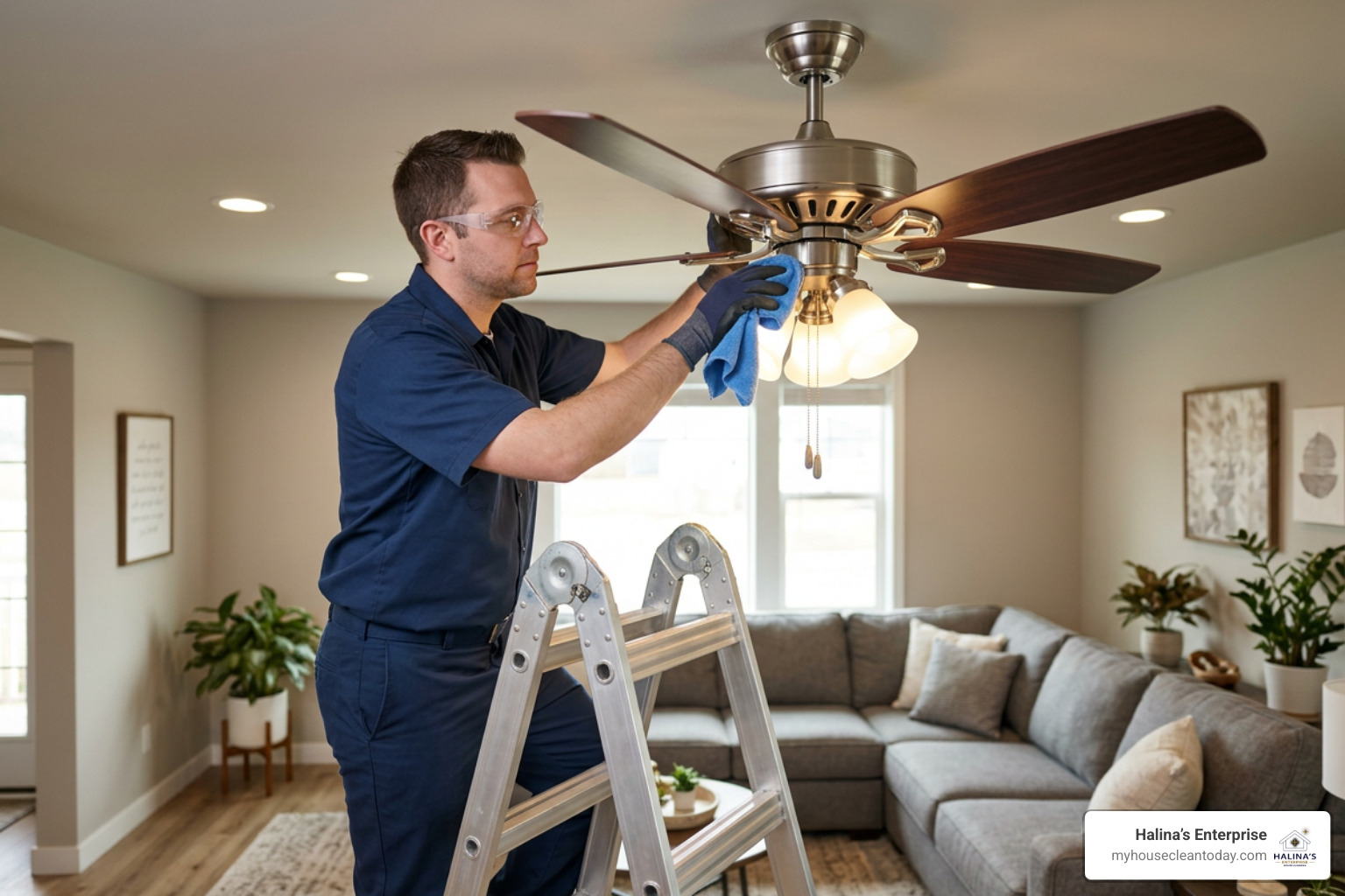 Certified cleaning technician inspecting ceiling fan motor housing and light fixtures