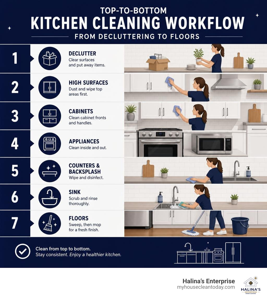 Top-to-bottom kitchen cleaning workflow from decluttering to floors infographic