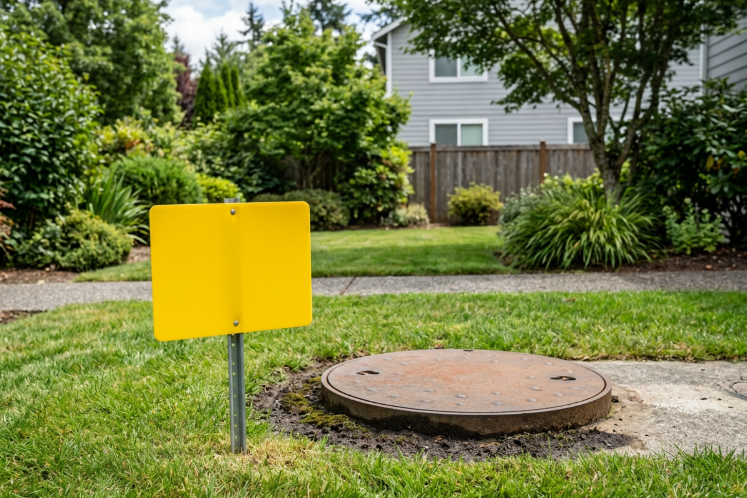 Warning sign near underground septic tank