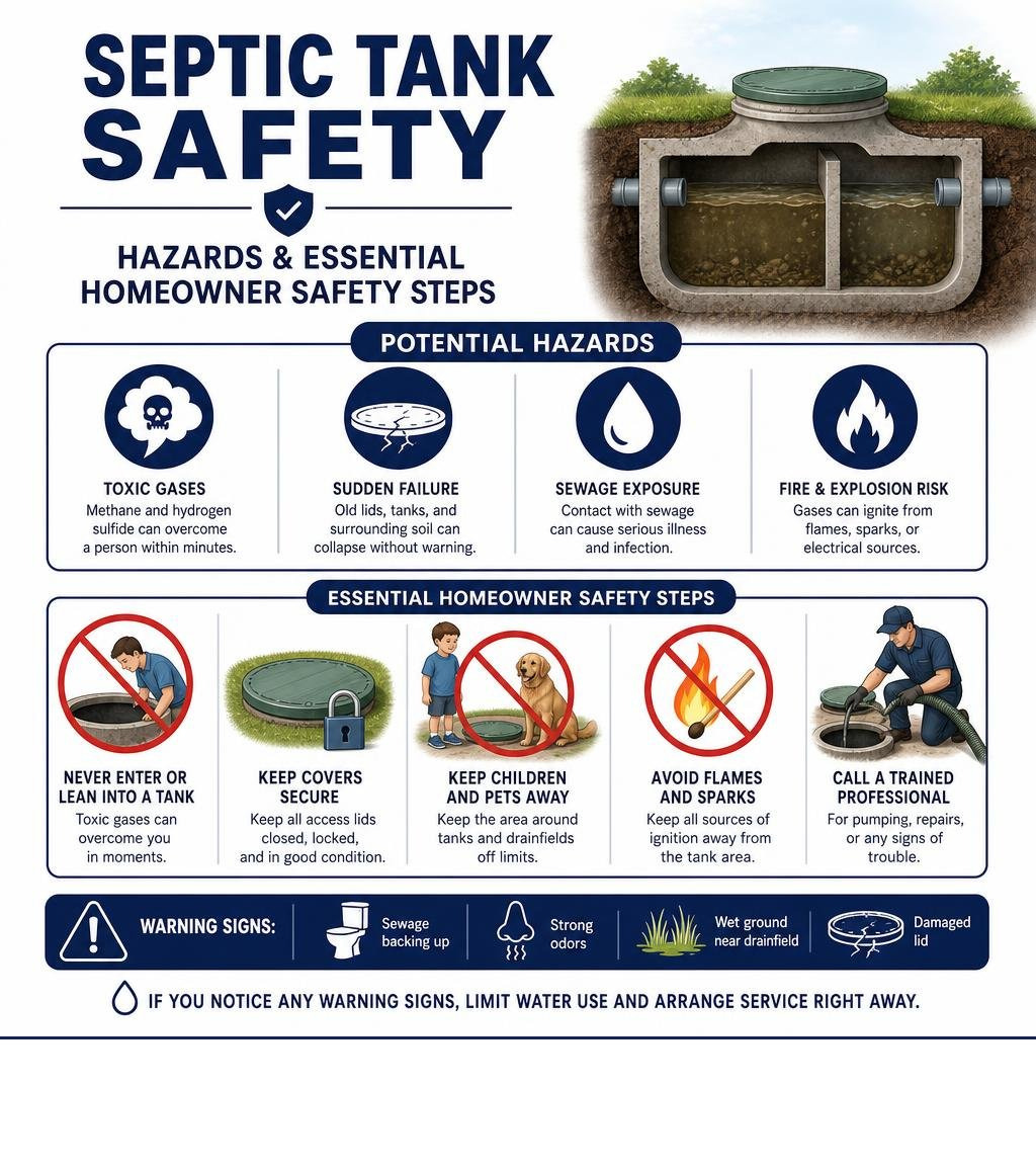 Septic tank hazards and essential homeowner safety steps infographic