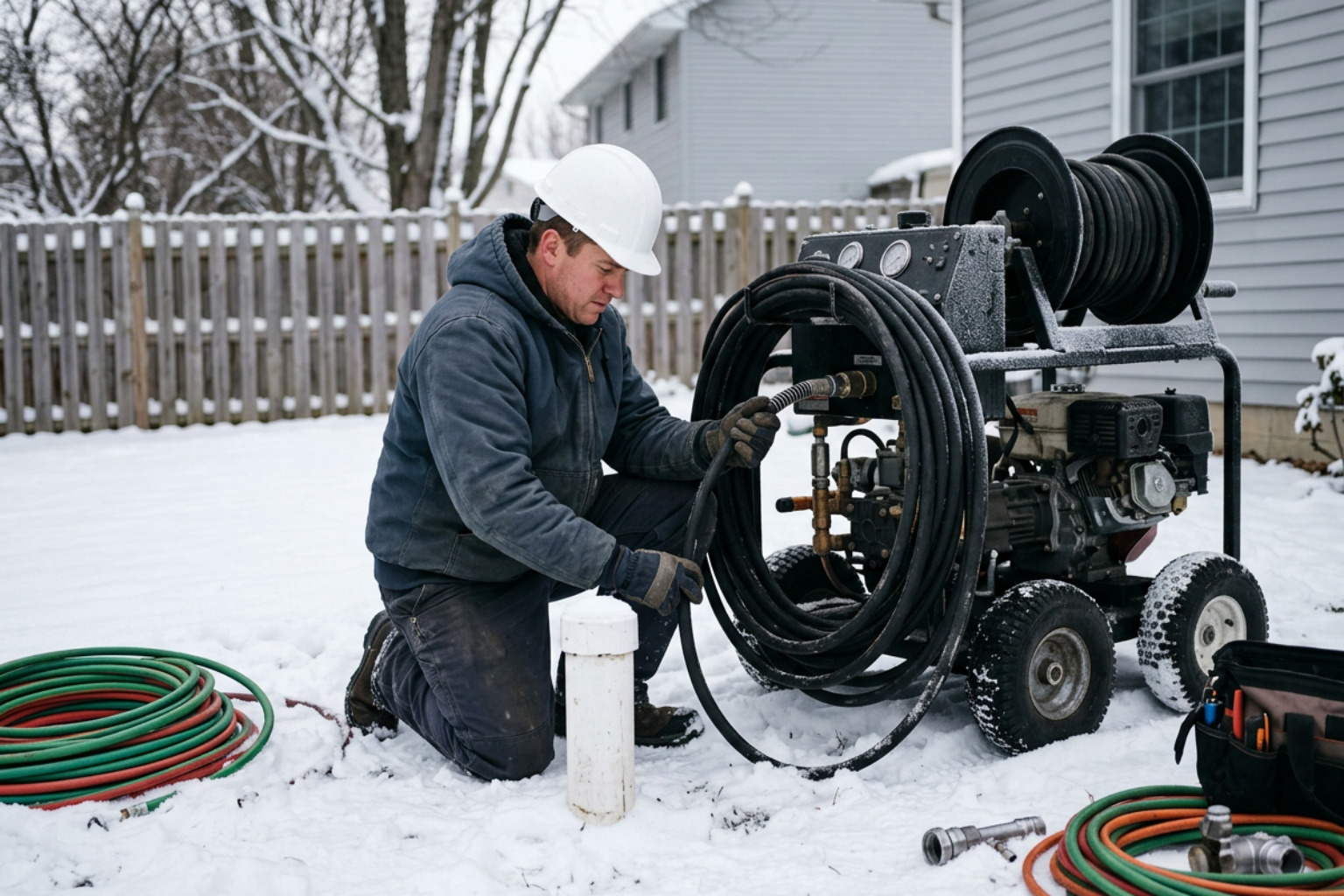 Technician preparing specialized equipment to service frozen septic lines in winter