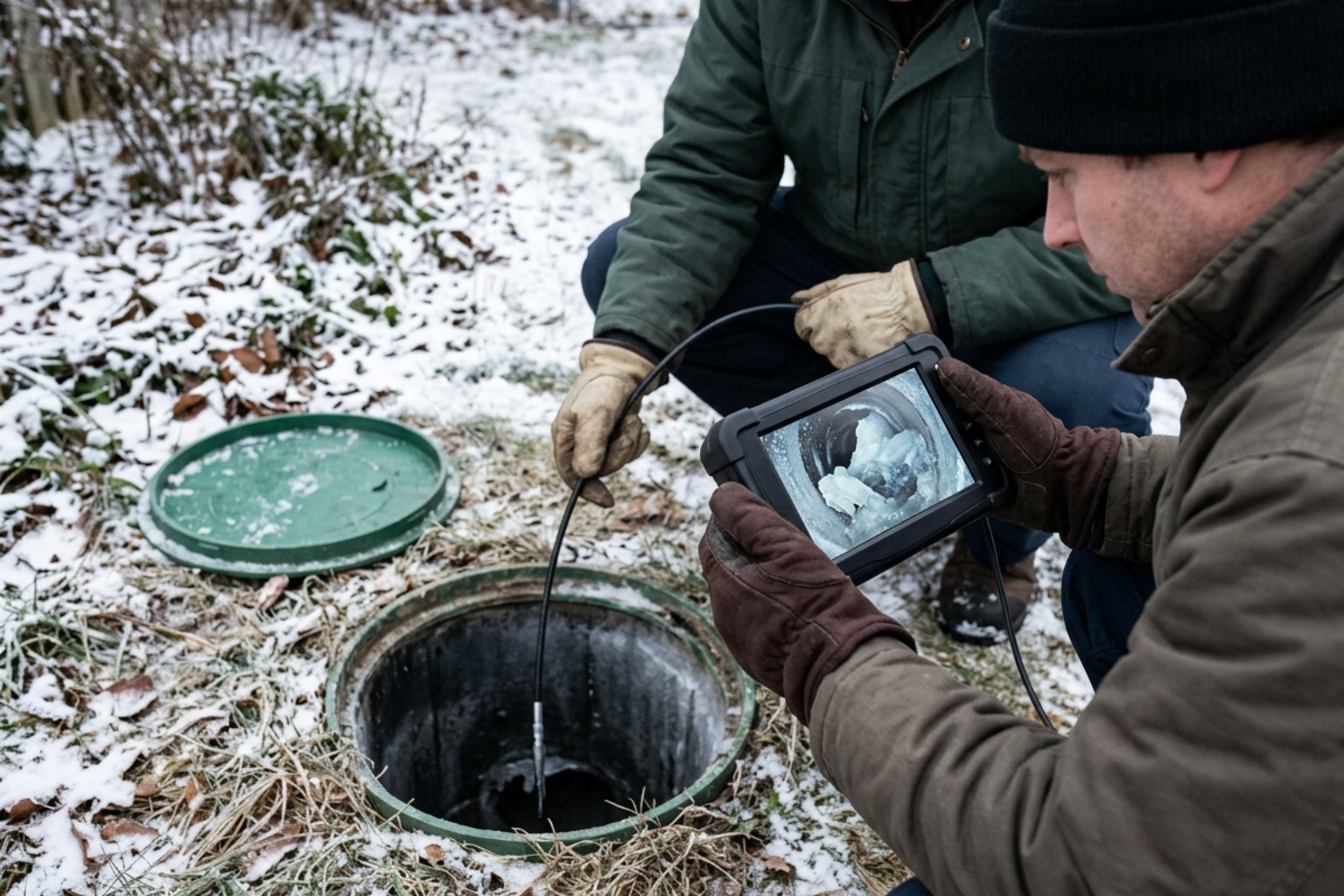 Outdoor pipe inspection showing ice accumulation inside a shallow sewer cleanout pipe
