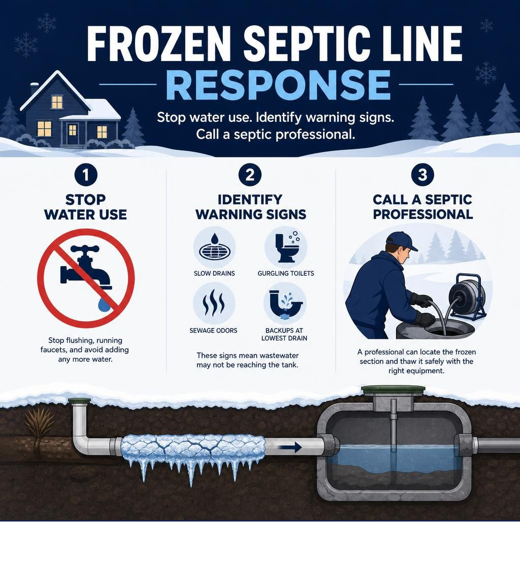 Frozen septic line response: stop water use, identify warning signs, call a septic professional infographic