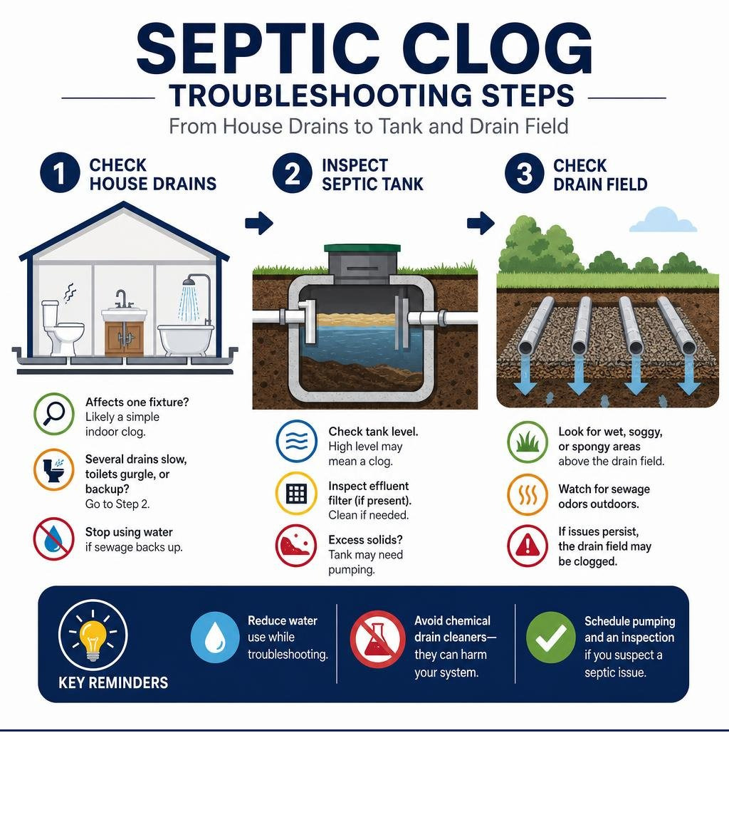 Septic clog troubleshooting steps from house drains to tank and drain field infographic Septic clog troubleshooting steps from house drains to tank and drain field infographic
