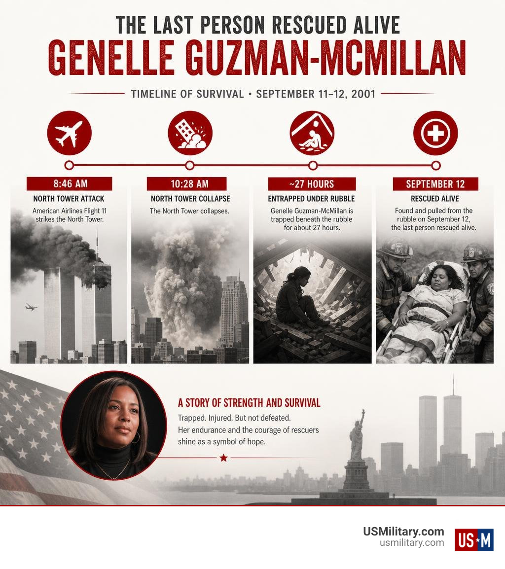 Timeline of North Tower attack, collapse, 27-hour entrapment, and Genelle Guzman-McMillan rescue infographic