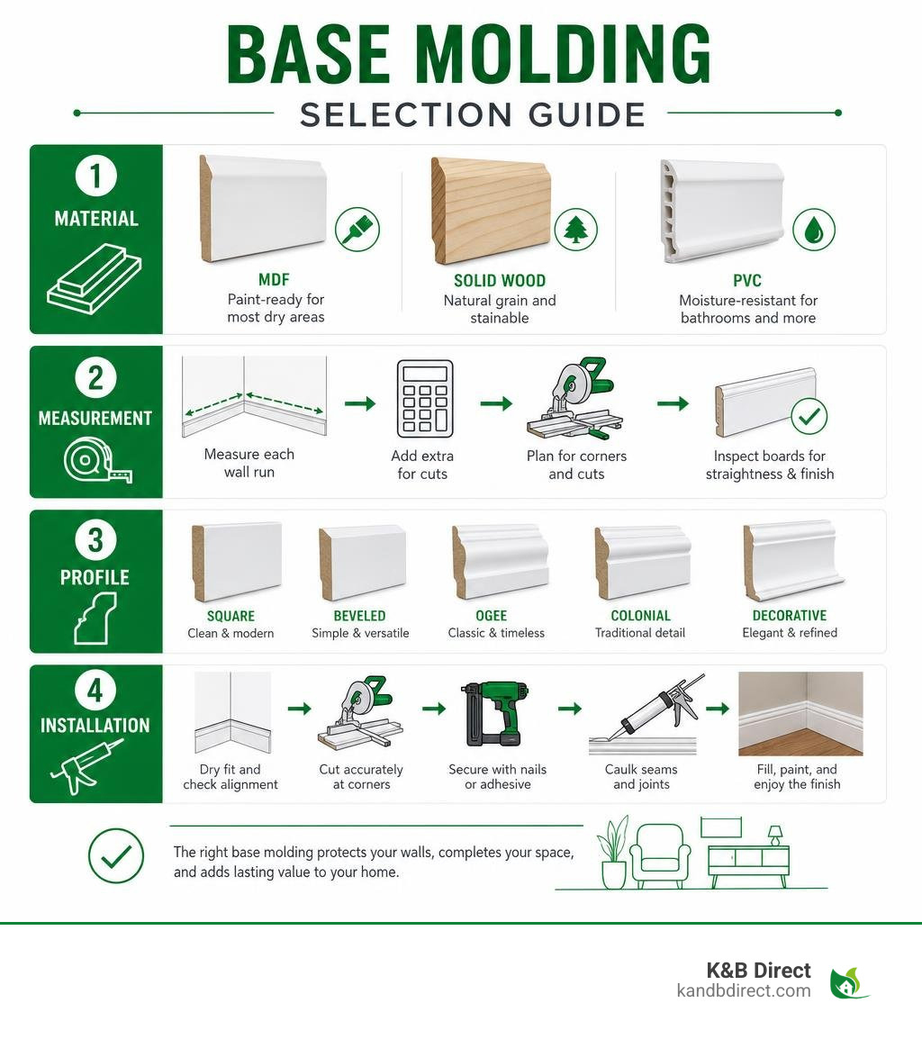 Base molding material, measurement, profile, and installation selection guide infographic