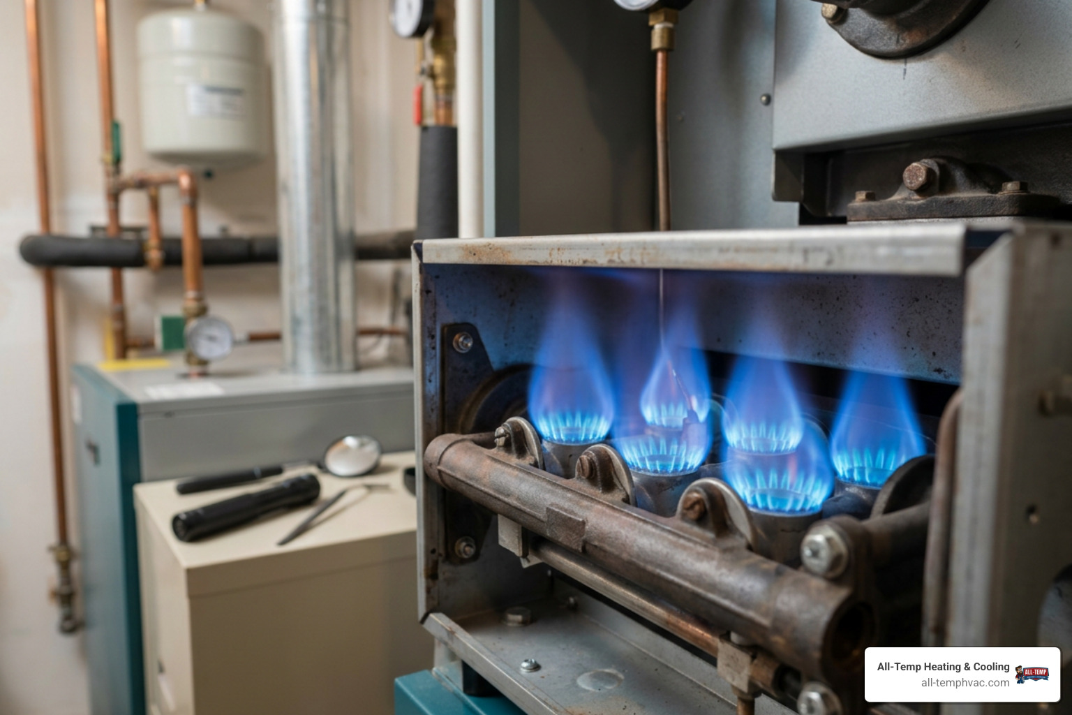 Boiler burner flame inspection showing proper blue combustion flame
