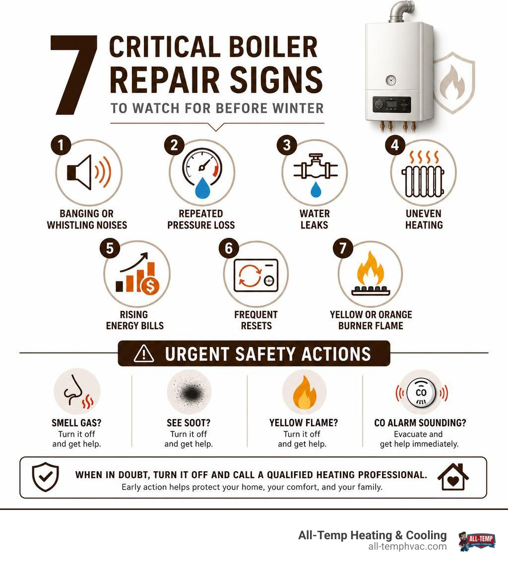 Infographic showing seven boiler warning signs and urgent safety actions infographic