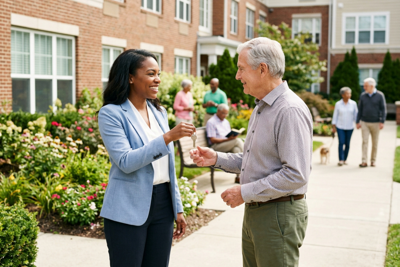 person of color property specialist handing keys to an older white resident in a community setting
