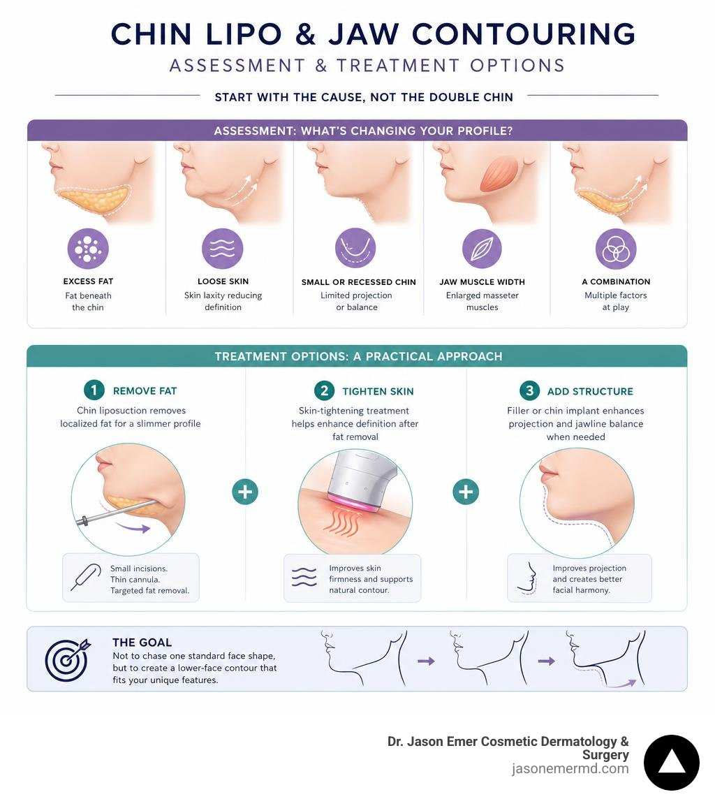 Chin lipo and jaw contouring assessment and treatment options infographic