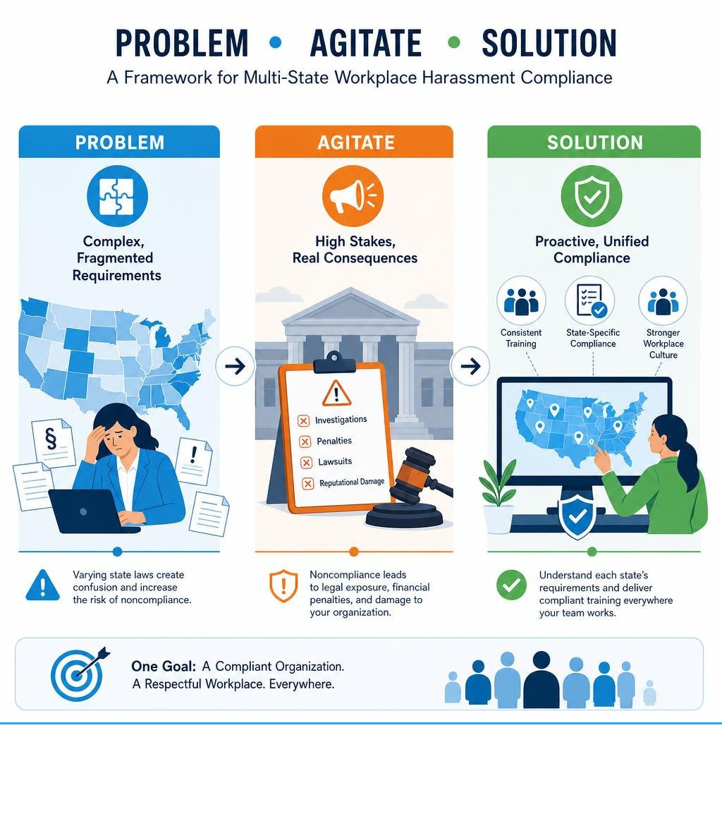 Problem Agitate Solution framework for multi-state workplace harassment compliance infographic Problem Agitate Solution framework for multi-state workplace harassment compliance infographic